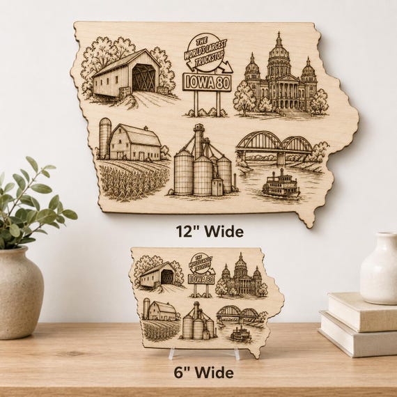 Iowa Engraved Birch Wood State Sign, Landmark Wall Art, Iowa 80 Truck Stop, product view 2