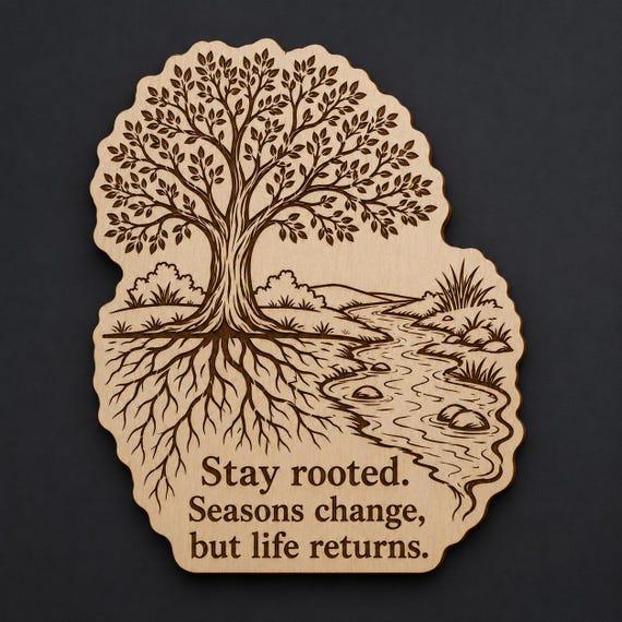 Tree Wood Plaque, Stay Rooted Quote Sign, Inspirational Birch Wall Art With Stream and Roots