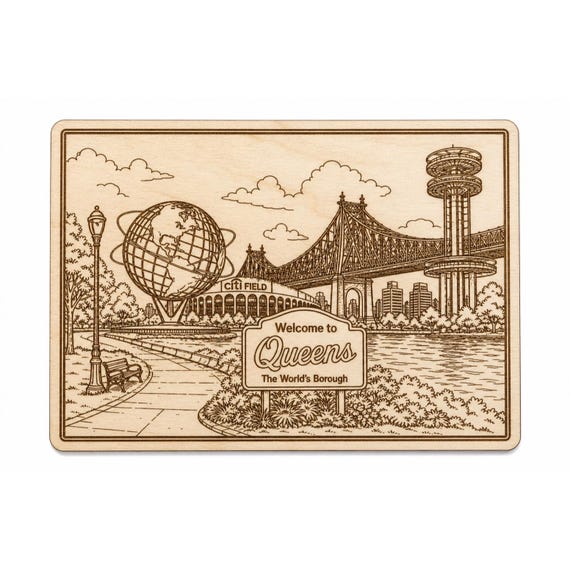 Queens NYC Skyline Art, Engraved Wooden Unisphere Citi Field Bridge Scene, New York Decor
