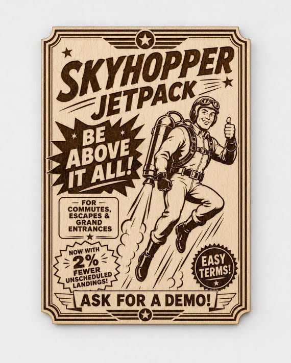 Retro Jetpack Wall Art, Vintage Sci Fi Adventure Birch Wood Sign, Funny Aviation Decor, Desk or Wall Display