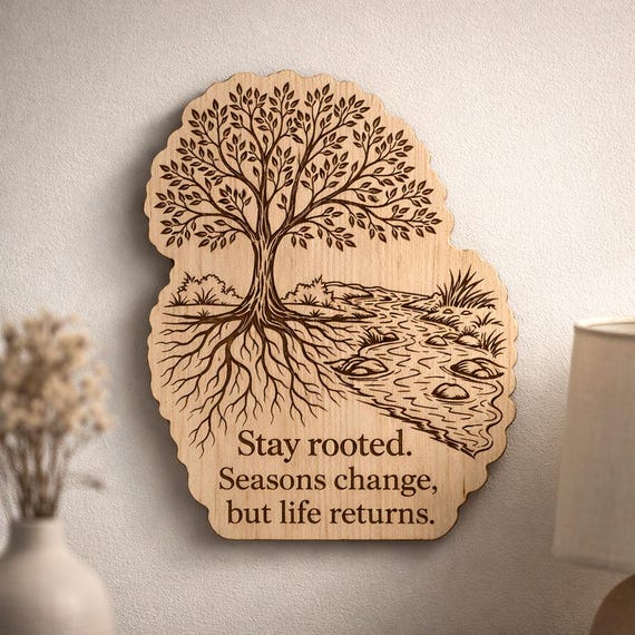 Tree Wood Plaque, Stay Rooted Quote Sign, Inspirational Birch Wall Art With Stream and Roots, product view 2