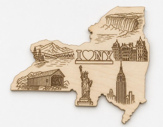 New York State Wood Wall Art – Engraved Landmarks, NYC Skyline, Niagara (6-24 Inch)