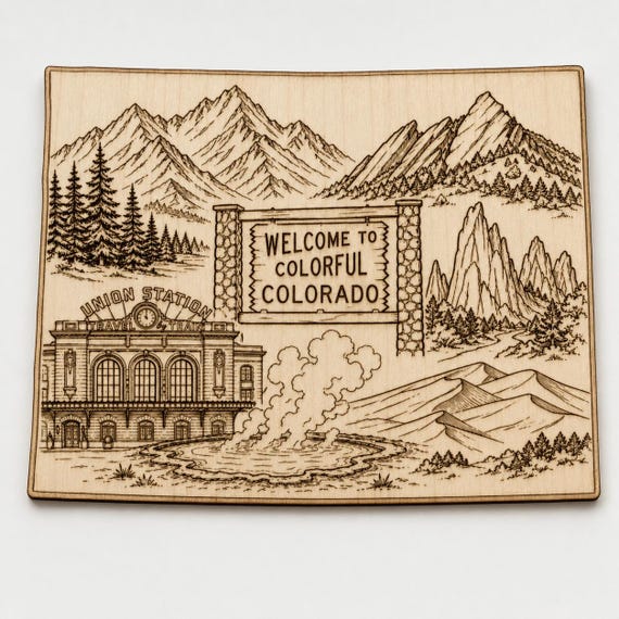 Colorado Engraved Birch Wood Wall Art, Mountain Landscape Travel Sign
