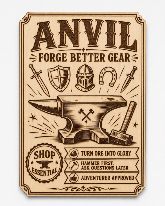 Fantasy Blacksmith Anvil Birch Wall Sign, Forge Workshop Decor