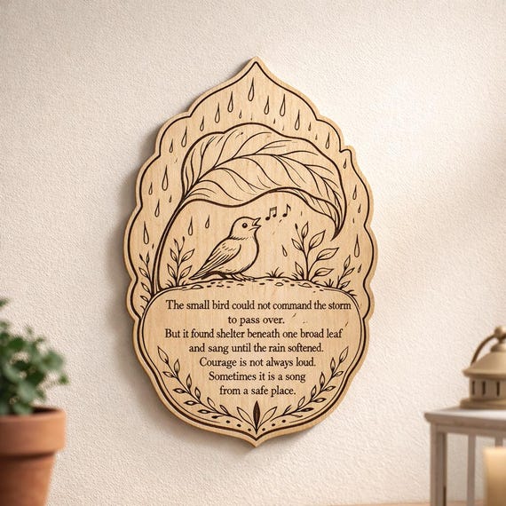 Small Bird Birch Plaque, Courage Under the Leaf Wall Art