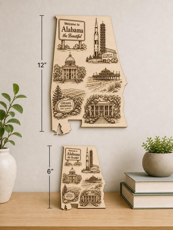 Engraved Birch Alabama State Wall Art, Landmark Decor Sign, multiple sizes, product view 2