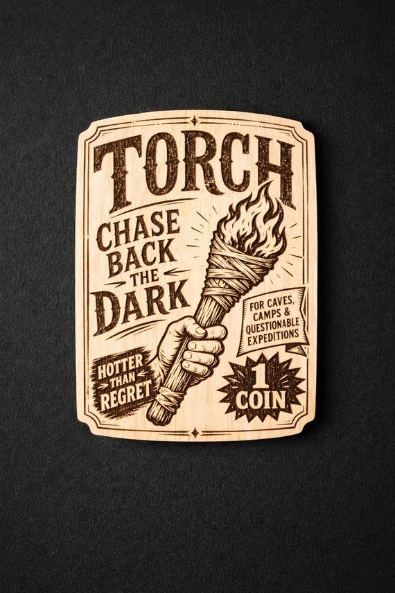 Torch Vintage Fantasy Sign, Engraved Birch Adventure Game Wall Decor, Retro Dungeon Camp Plaque