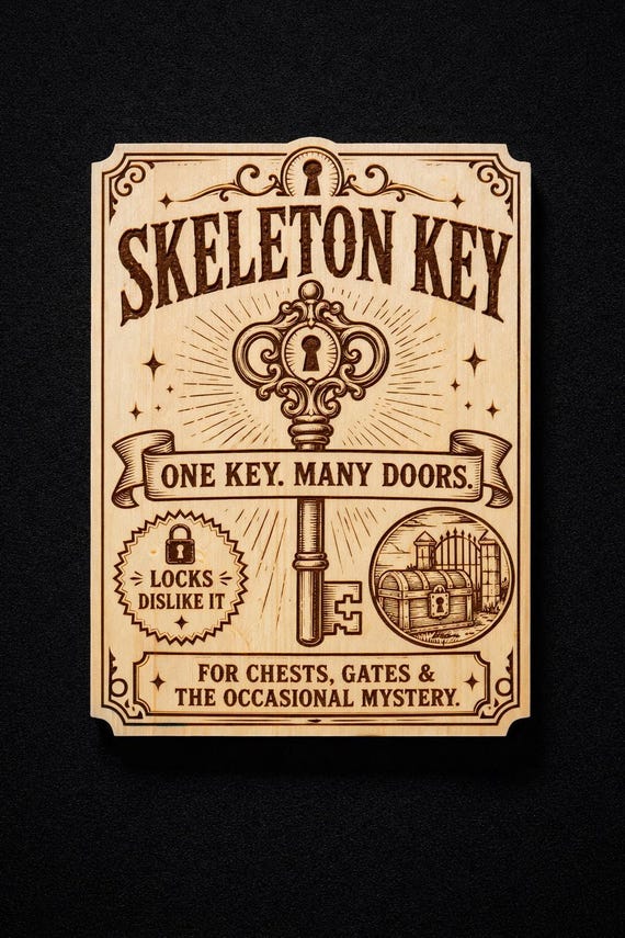 Skeleton Key Wood Sign, Fantasy Adventure Wall Decor, Vintage Key Poster, Gamer Room Shelf Art, Mystery Chest Gift