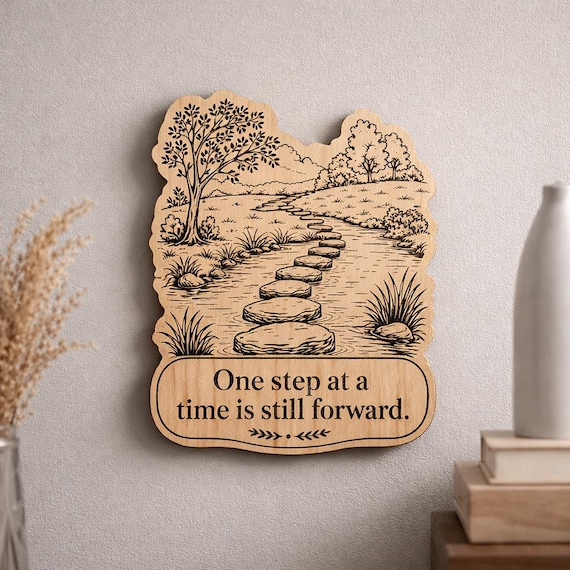 One Step at a Time Wood Plaque, Inspirational Stream Stepping Stones Wall Art, Encouraging Birch Desk Sign, product view 2