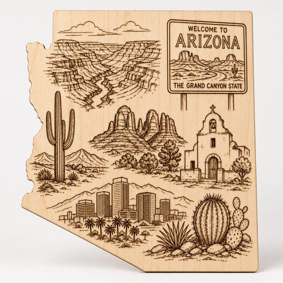 Arizona State Engraved Birch Wood Wall Art, Grand Canyon Desert Landscape Plaque