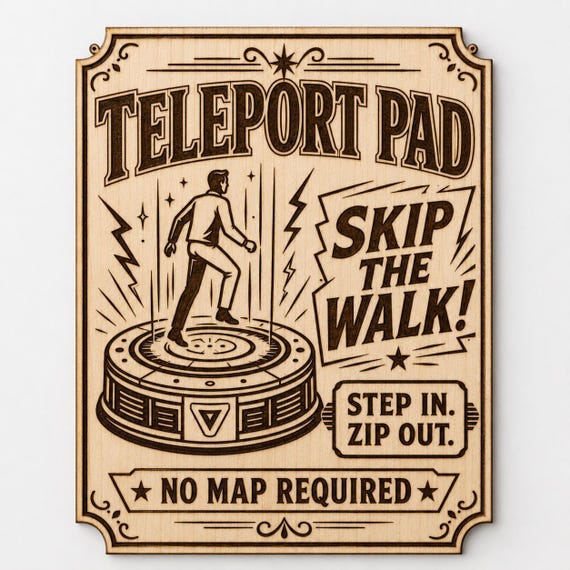 Teleport Pad Wood Sign, Retro Sci Fi Gamer Wall Art, Laser Engraved Birch Decor
