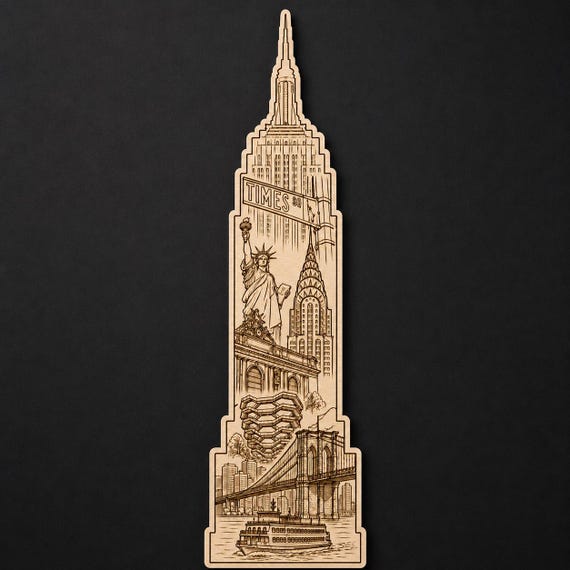 NYC Skyline Birch Wall Art – Empire State Building Landmark Decor – Engraved City Scene