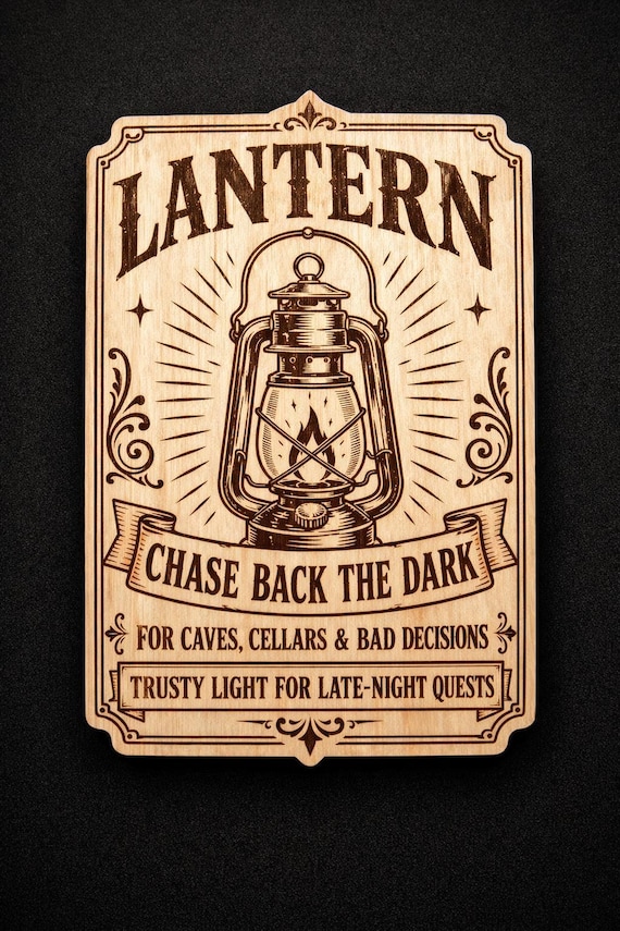 Vintage Lantern Engraved Birch Sign, Rustic Adventure Wall Decor
