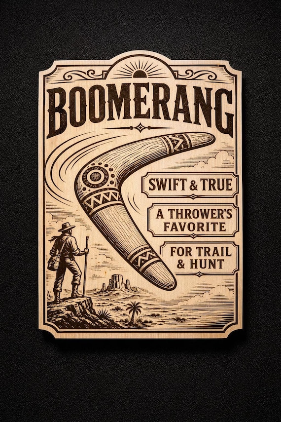 Vintage Boomerang Wall Art, Engraved Birch Adventure Sign, Western Style Desk or Wall Decor