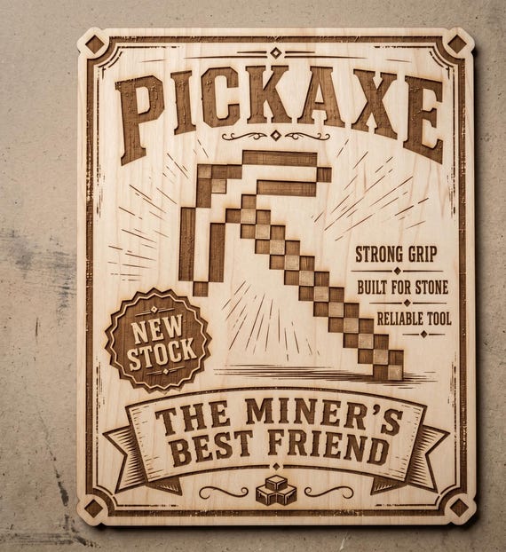 Pixel Pickaxe Miner Sign, Vintage Gamer Wall Decor, Birch Engraved Desk or Wall Art