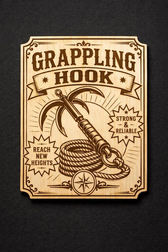 Vintage Grappling Hook Wood Sign, Fantasy Adventure Wall Decor