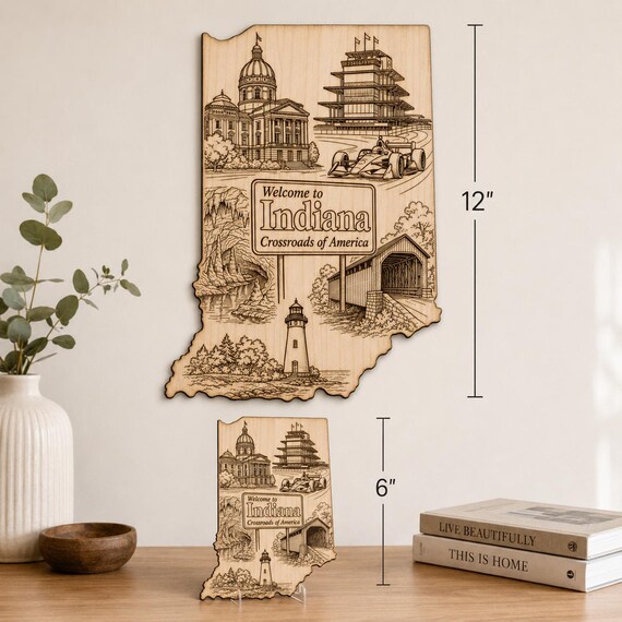Indiana Wood Wall Art, Engraved State Landmark Sign, Crossroads of America Decor, product view 2
