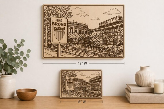 Bronx Wood Engraved Wall Art – Yankee Stadium & Bronx Zoo Scene – NYC Skyline, product view 2