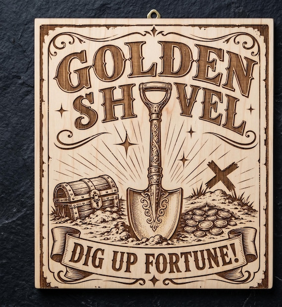 Golden Shovel Wood Sign, Engraved Birch Treasure Hunter Decor, Game Room Wall Art