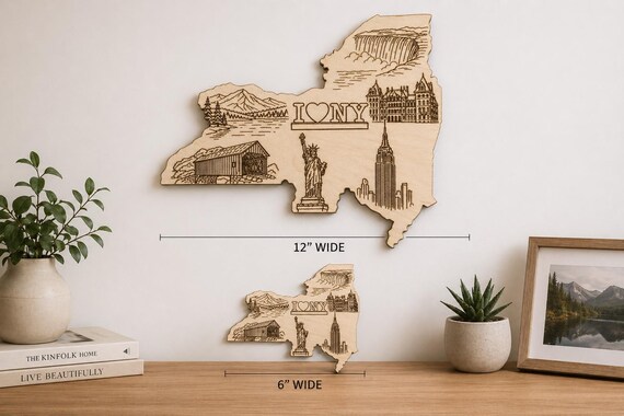 New York State Wood Wall Art – Engraved Landmarks, NYC Skyline, Niagara (6-24 Inch), product view 2