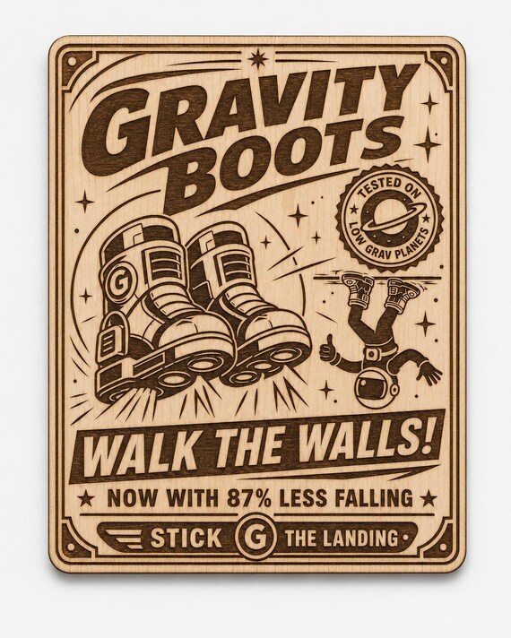 Retro Space Boots Wood Sign, Sci Fi Wall Art Plaque, Gravity Boots Engraved Birch Decor