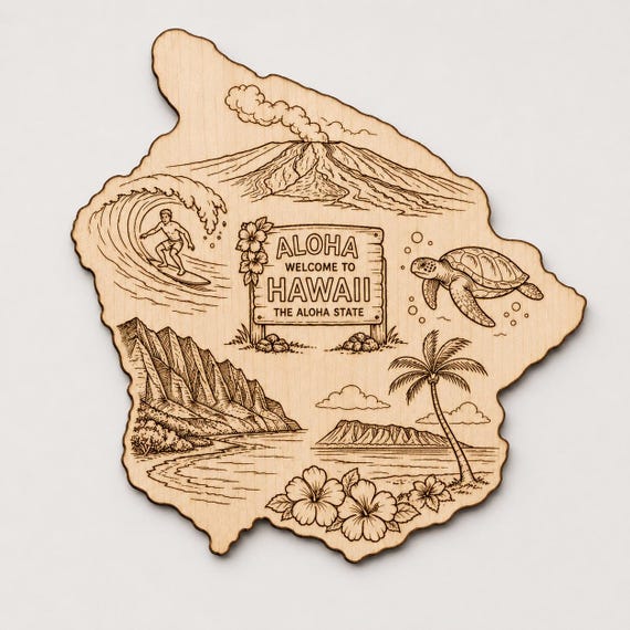 Hawaii Wood Wall Art, Aloha State Engraved Birch Sign, Hawaiian Island Decor With Stand