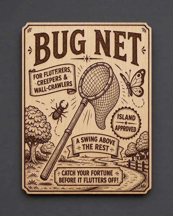 Bug Net Wood Wall Sign, Vintage Bug Catching Decor, Island Inspired Game Room Plaque, Nature Gamer Gift