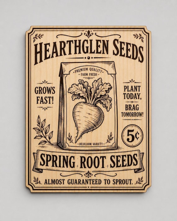Vintage Seed Packet Birch Wall Art, Hearthglen Spring Root Seeds Garden Sign