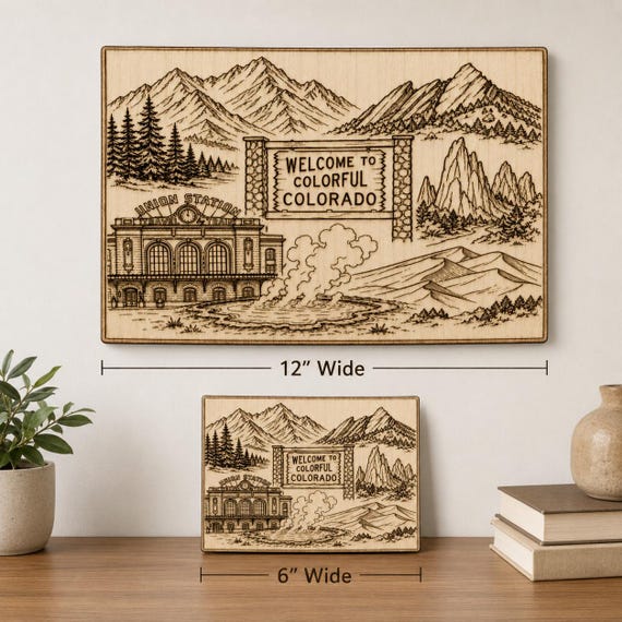 Colorado Engraved Birch Wood Wall Art, Mountain Landscape Travel Sign, product view 2