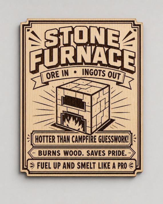 Stone Furnace Birch Wood Wall Decor, Retro Gaming Workshop Sign