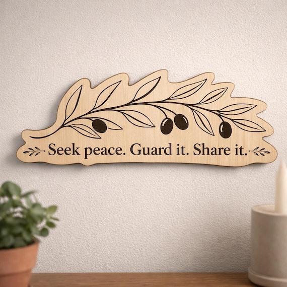 Olive Branch Wood Plaque, Seek Peace Quote Sign, Long Birch Wall Art With Natural Branch Shape, product view 2
