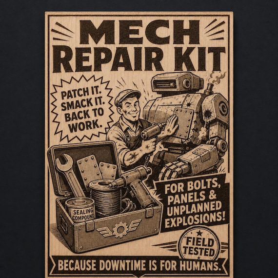 Mech Repair Kit Birch Wood Wall Art, Retro Robot Workshop Sign