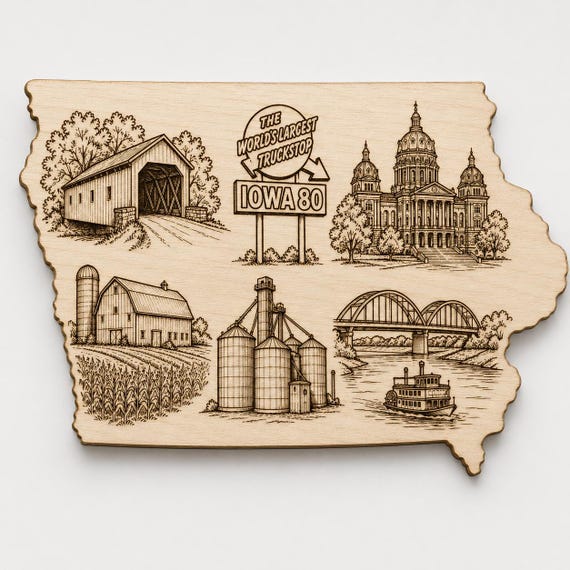 Iowa Engraved Birch Wood State Sign, Landmark Wall Art, Iowa 80 Truck Stop