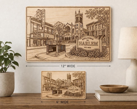 Harlem Street Scene Engraved Wooden Wall Art, Apollo Theater NYC Decor Plaque, product view 2