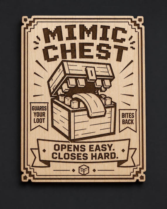 Mimic Chest Birch Wood Engraved Wall Art, Fantasy Loot Box Plaque