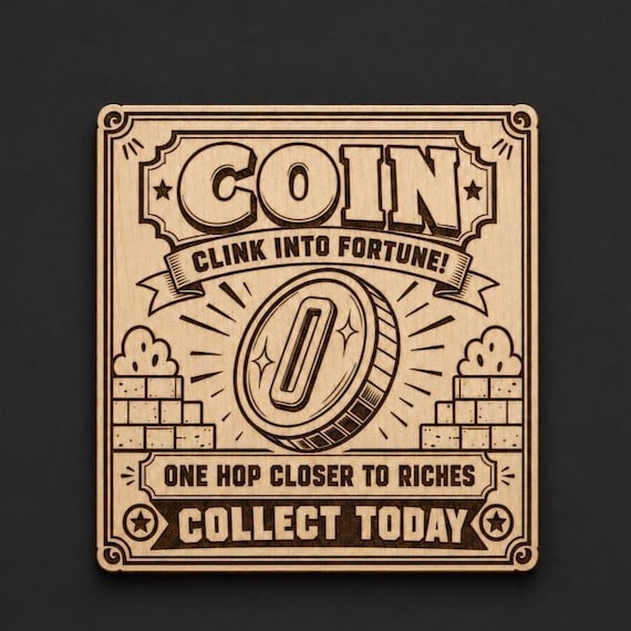 Vintage Coin Fortune Wood Sign, Retro Arcade Style Engraved Birch Wall Decor