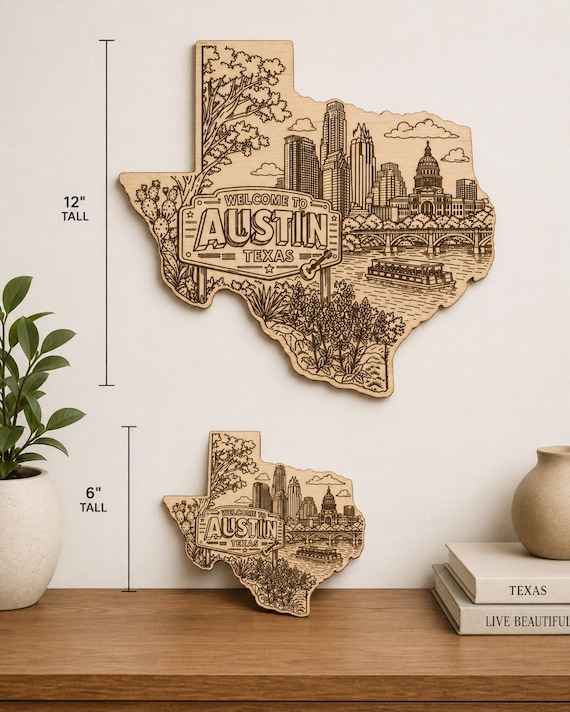 Austin Texas Skyline Engraved Wood Sign, Texas State Wall Art, Rustic Decor, product view 2
