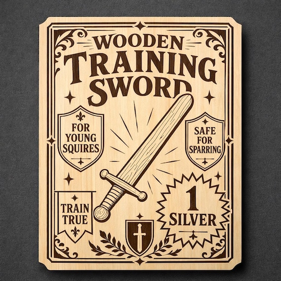 Medieval Wooden Training Sword Sign, Fantasy Squire Wall Decor, Retro Birch Engraved Game Room Art