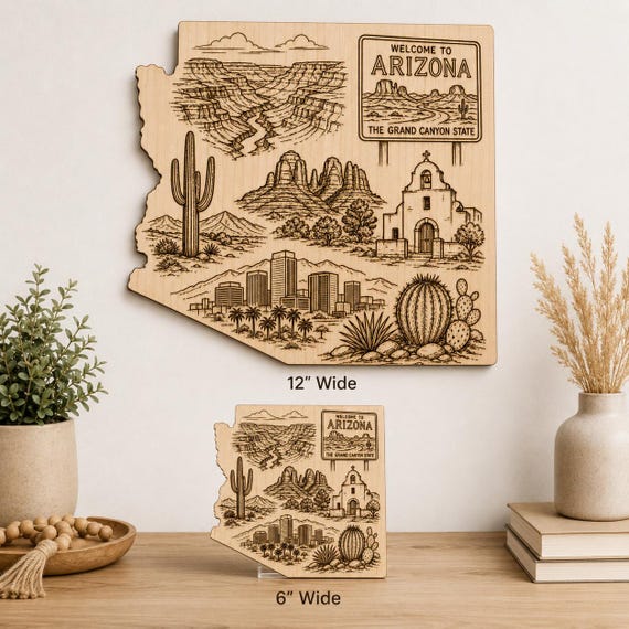 Arizona State Engraved Birch Wood Wall Art, Grand Canyon Desert Landscape Plaque, product view 2