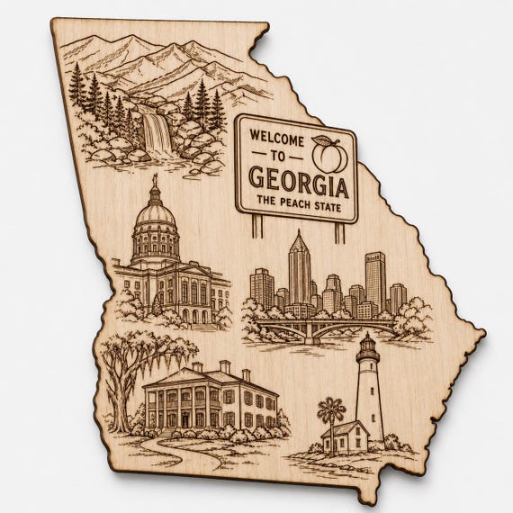 Engraved Birch Wood Georgia State Wall Art, Peach State Outline Plaque, Southern Home Decor