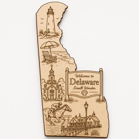 Engraved Birch Delaware State Wall Art, Coastal Scene, Small Wonder Decor Sign