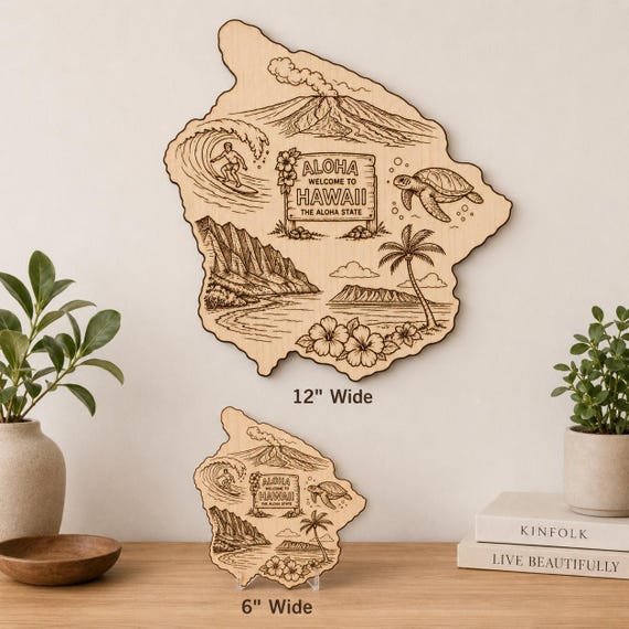 Hawaii Wood Wall Art, Aloha State Engraved Birch Sign, Hawaiian Island Decor With Stand, product view 2