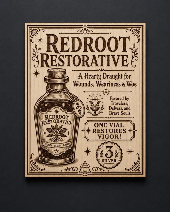 Redroot Restorative Birch Wall Art, Vintage Apothecary Engraved Wood Sign