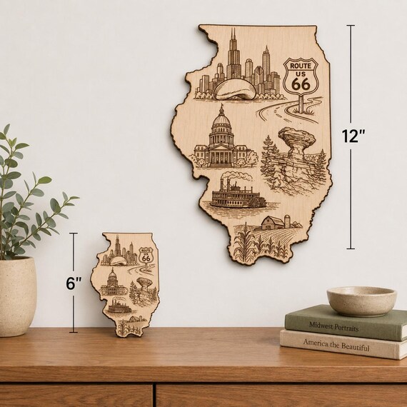 Illinois Route 66 Wood Wall Art, Birch State Plaque, Chicago Skyline Engraved Sign, Illinois Gift, product view 2