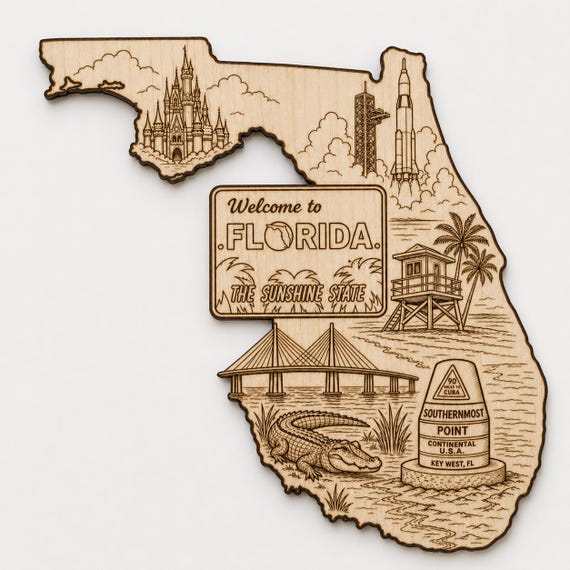 Engraved Birch Florida Map Wall Art, Sunshine State Decor, Florida Gift Souvenir