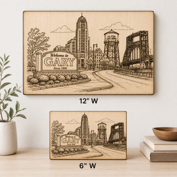 Gary Indiana Skyline Wood Engraved Sign, Welcome Plaque, U.S. Steel Works Art, product view 2