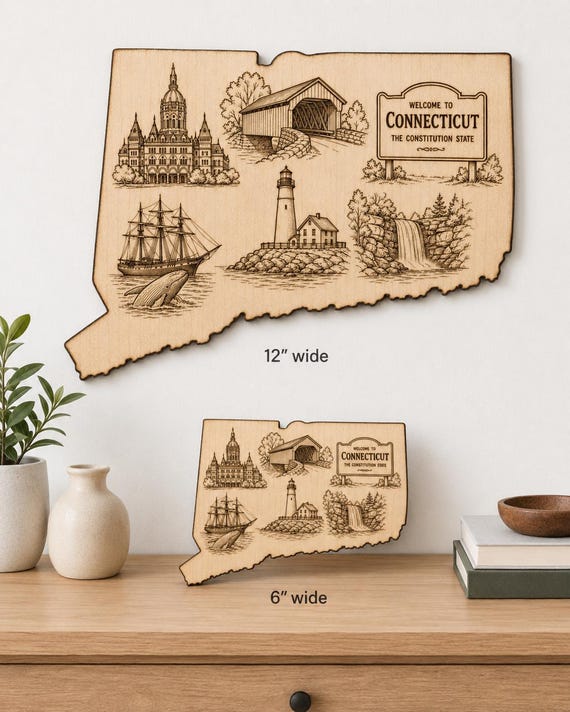 Engraved Birch Connecticut State Sign, Constitution State Landmarks Wall Art, product view 2