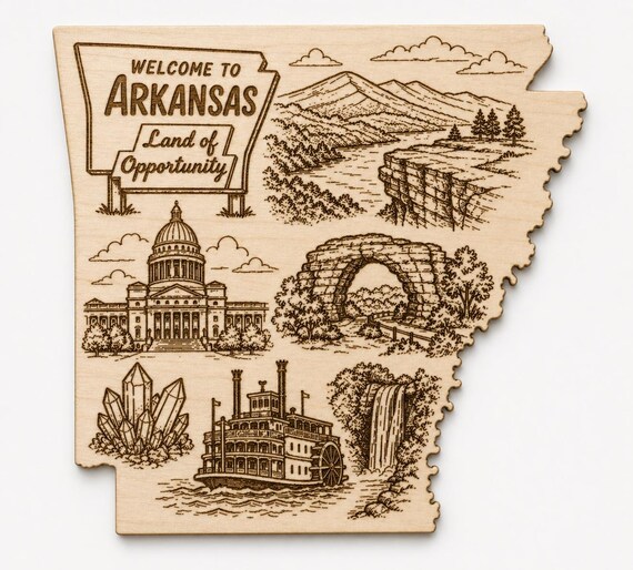 Arkansas State Outline Wood Art, Engraved Landmark Decor