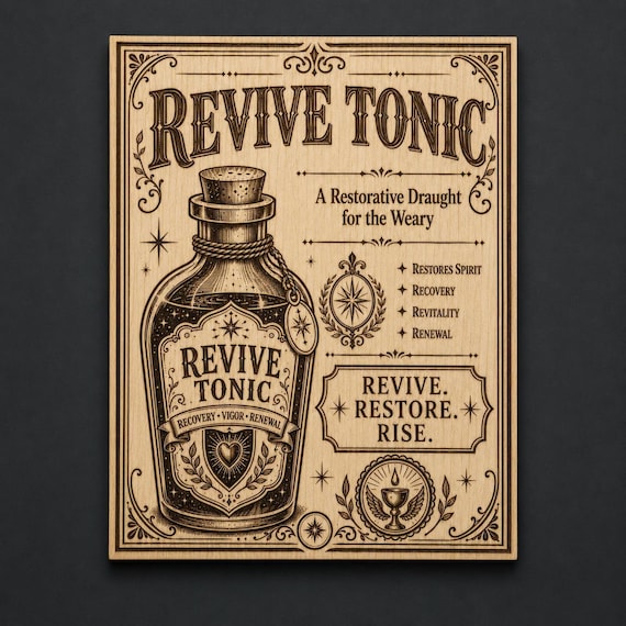 Revive Tonic Birch Wood Engraving, Vintage Apothecary Wall Art