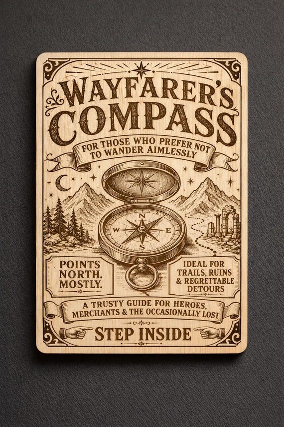 Wayfarer’s Compass Engraved Birch Sign, Fantasy Adventure Wall Decor